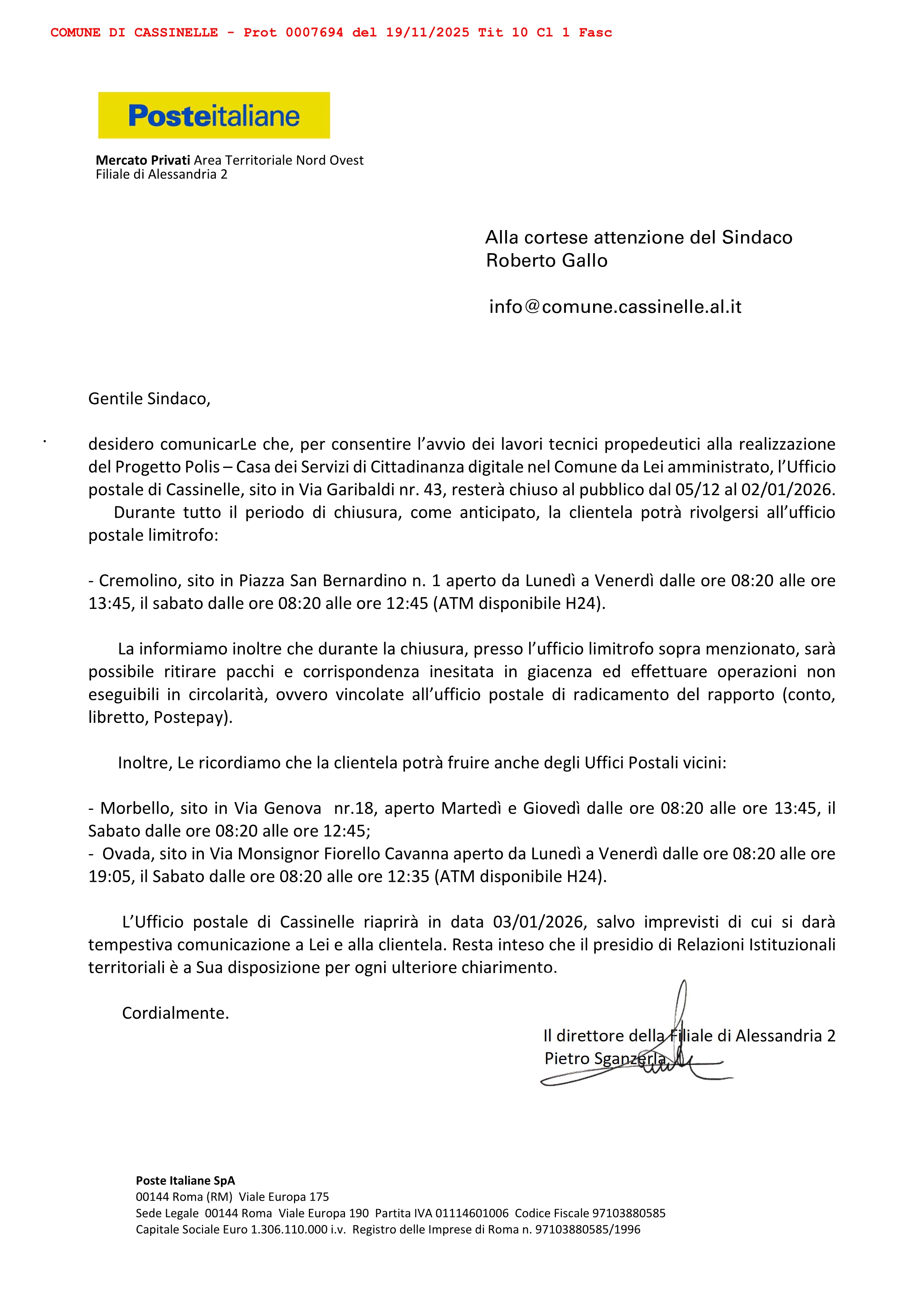 Chiusura temporanea Ufficio Postale dal 05/12/2025 al 02/01/2026